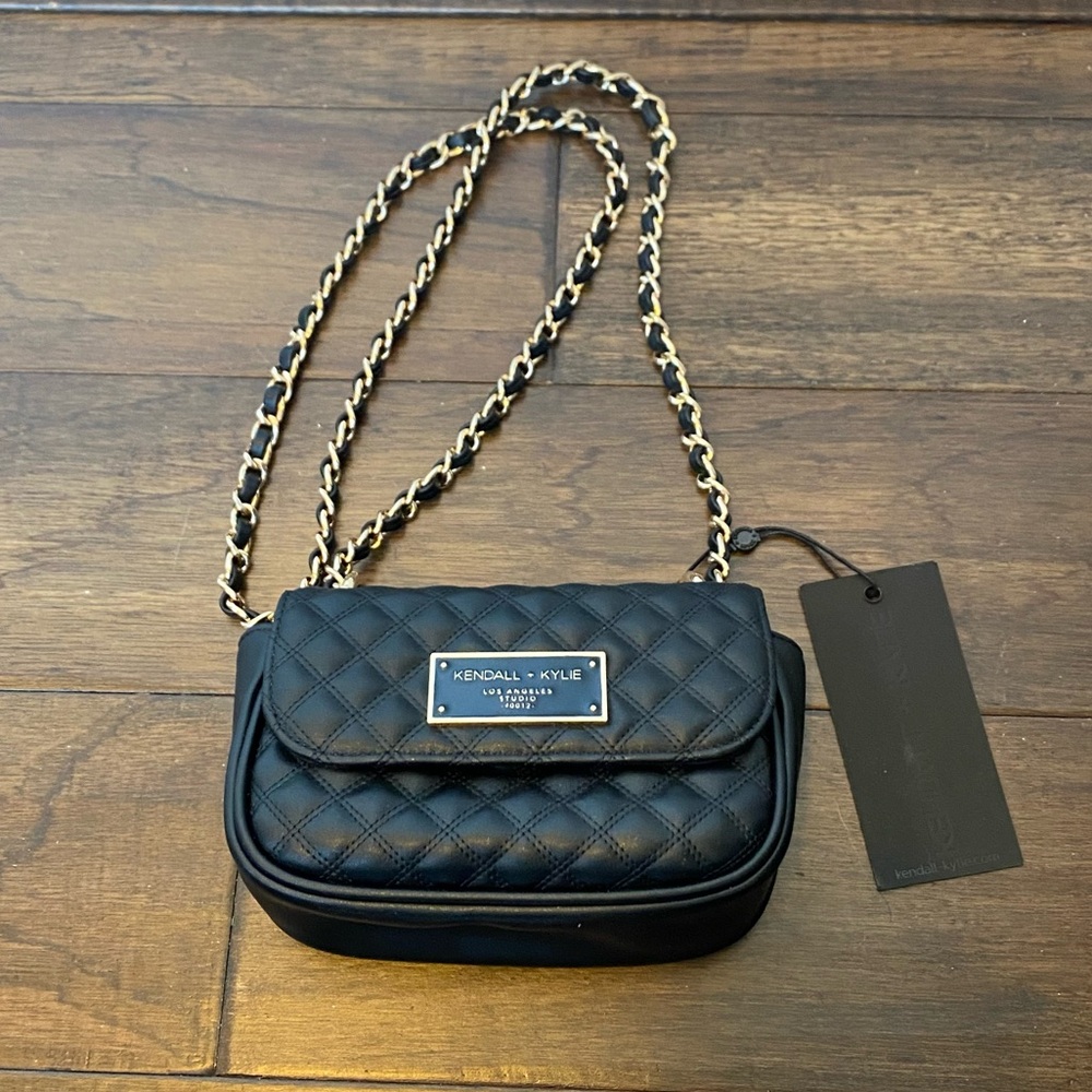 New Kendall + Kylie Black Quilted Mini Crossbody Bag Purse Gold Chain Strap